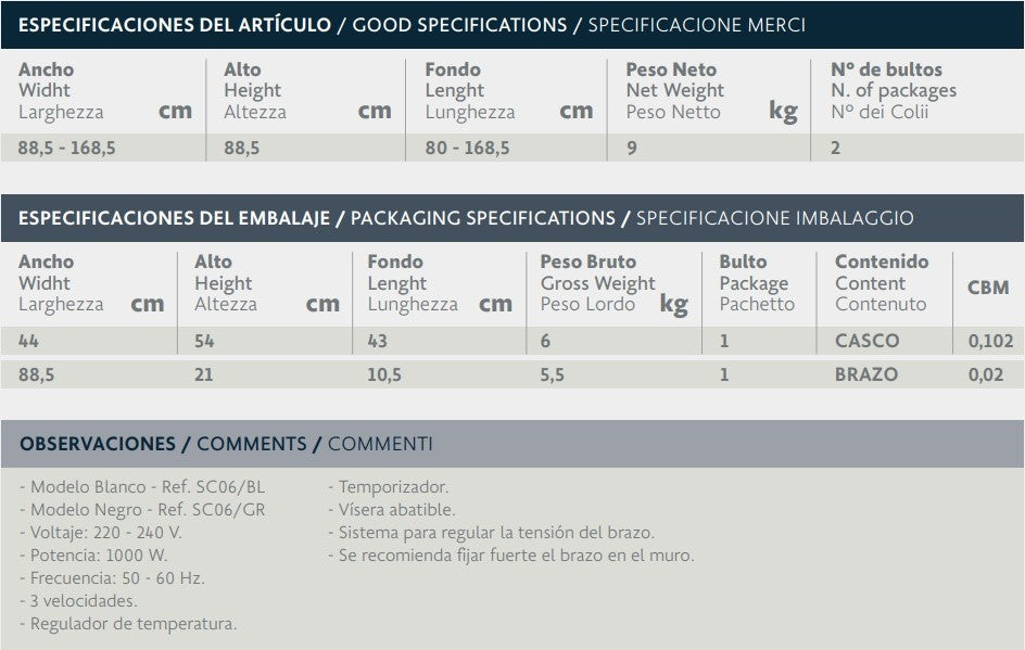 Secador de casco 3 Velocidades