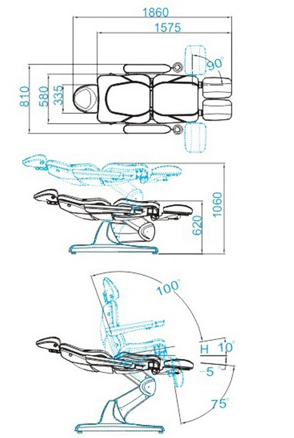 Sillón podologia eléctrico Sadira negro 3 motores